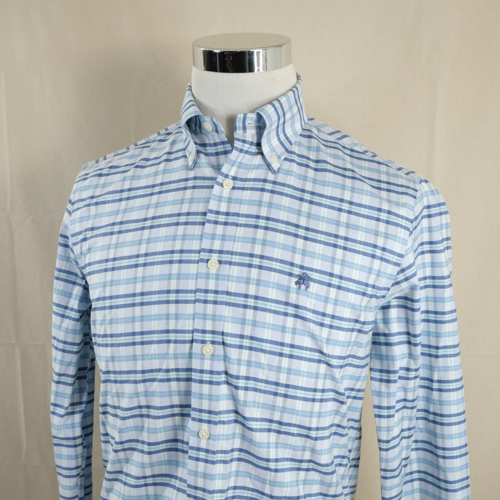 Brooks Brothers Small Oxford Shirt Blue Whit Plaid Non-Iron Stretch Regular Fit